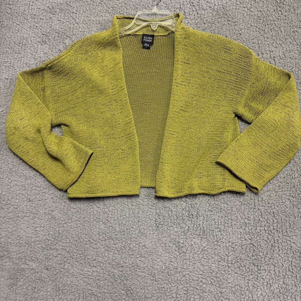 Eileen Fisher Women's Lime Green 100% Cotton Open Knit Cardigan Sweater Size L